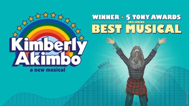 Kimberly Akimbo musical poster, winner of 5 Tony Awards including Best Musical. Artwork features a roller coaster and a person with arms raised.