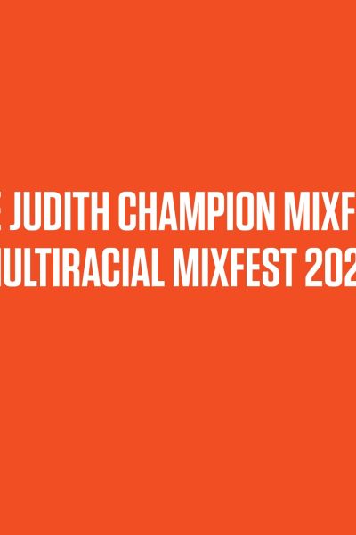 Judith Champion MixFest 2025 logo on orange background with white shapes.
